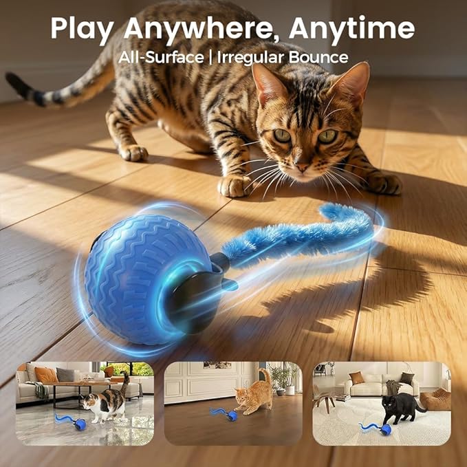 Interactive Cat Toy Ball for Indoor Cats, 2026 Automatic Moving Cat Toy with Feather Tails, 3-Mode Activated Self Rolling Smart Ball, Rechargeable Toy for Small Medium Large Cats (Orange)