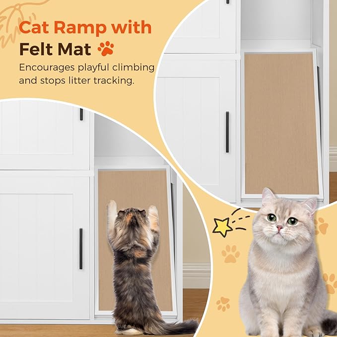 Litter Box Enclosure for 2 Cats, Hidden Litter Box Furniture with Scratch Pad, Double Litter Boxes Enclosure, Wooden Cat Washroom, Indoor Cat House End Table, White and Walnut CWBZ3201