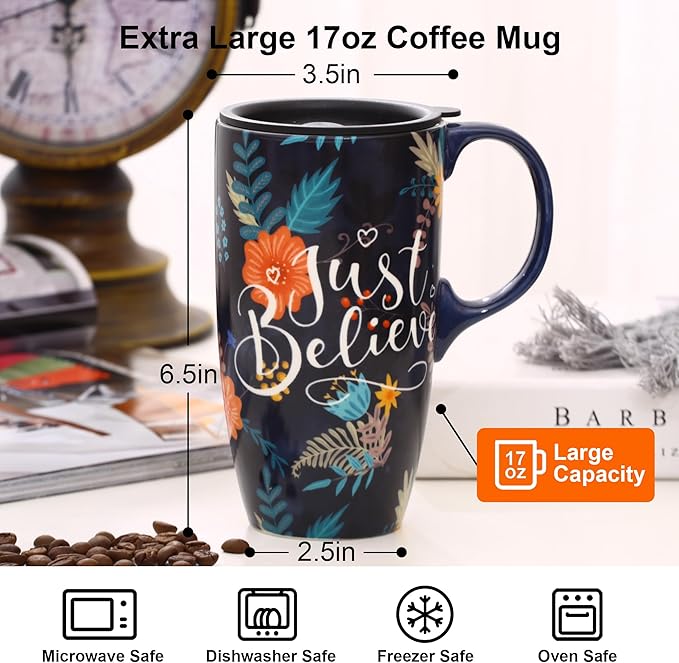 Topadorn 17oz Ceramic Travel Mug with Lid & Handle, Porcelain Coffee Cup with Gift Box, Dishwasher & Microwave Safe, Ideal for Daily Use, Commute & Gifting