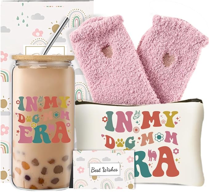 Best Dog Mom Gifts for Women, Dog Themed Gifts Set with Glass Cup, Funny Birthday Christmas Mother’s Day Gift Idea for Dog Lovers Owners