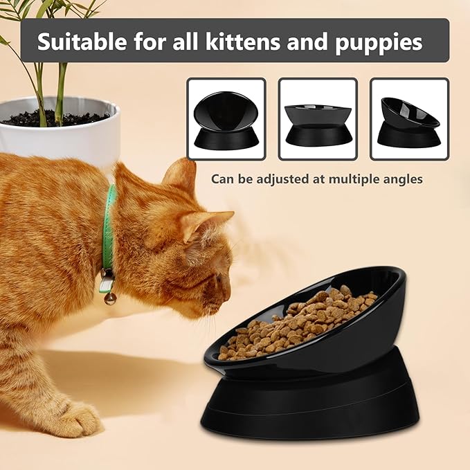 French Bulldog Food Bowl- Slanted Tilted Pug Food Water Bowl,Cat Bowl- Feeder for Frenchie/Shih Tzu/Flat Faced Small Dogs/Puppies/Cats (Black（Ceramic）, 2 Cup)