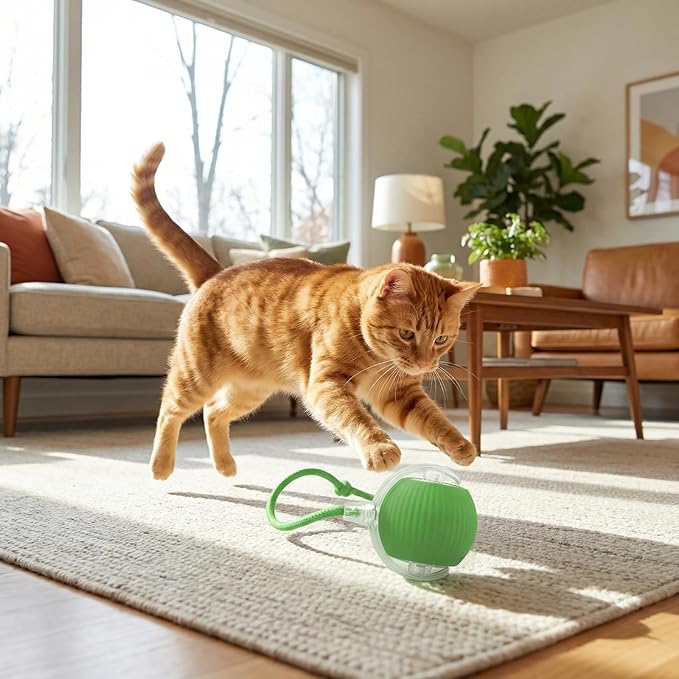 Interactive Dog Cat Toy Ball, Electric Automatic Rolling Moving USB Rechargeable Self Activated Stimulation Cat Toys for Indoor Cats and Dogs with Speedy Tail Rope(Green).