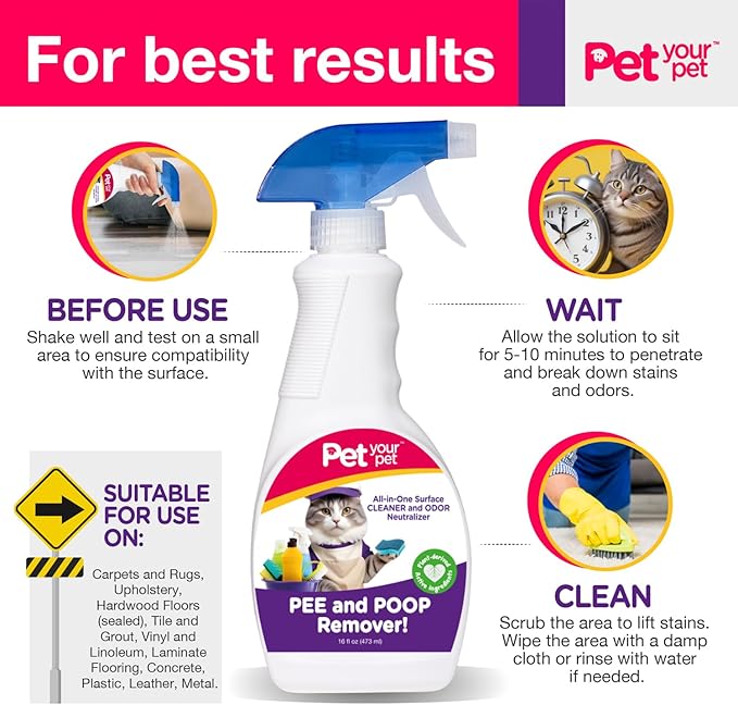 Cat Pee and Poop Remover 32 fl Oz – All-in-One Pet Stain and Odor Remover with Plant-Derived Ingredients – Stain and Odor Removers for Upholstery, Carpets & Hard Floors