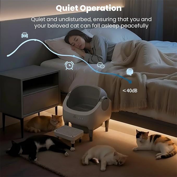 Automatic Litter Box with Raised Step, Open Top Large Capacity Self Cleaning Litter Box for Multiple Cats, Smart App Control, Odor-Free & Health Monitoring & Quiet Operation