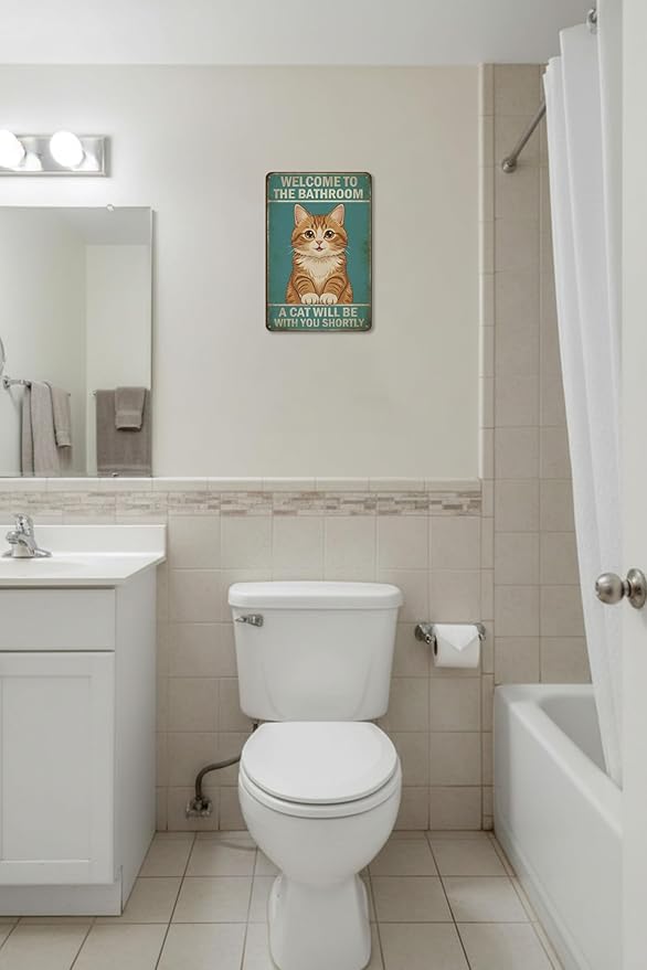 Funny Bathroom Sign Welcome to The Bathroom A Cat Will Be with You Shortly Humorous Restroom Decor Quirky Cat Lover Gift Novelty Aluminum Sign 8x12 Inches Orange Cat-02