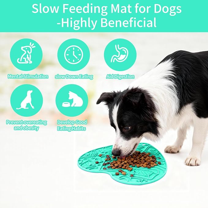 Silicone Slow Feeder Dog & Cat Bowl with Suction Cups – Non-Slip Fun Pattern for Dogs and Cats, Interactive Pet Enrichment Bowl, Treat Eating Feeder, Heart-Shaped Mat Compatible (Mint)