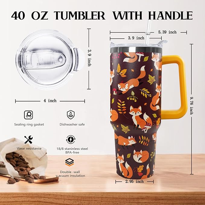 Ceovfoi 40 oz Fall Fox Tumbler With Lid and Straw, Travel Mug Cup Water Bottle, Gifts for Fox Lovers, Decor Accessories