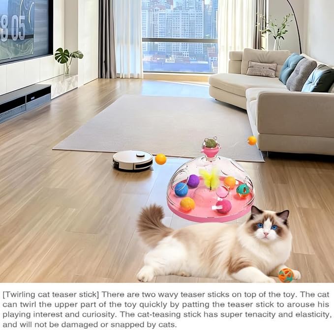 Interactive Cat Toys for Indoor Cats, Kitten Toys with Spinning Dome, Catnip Ball, Feathers & Rolling Balls - Spinning Teaser Toy for Outdoor Cats (Pink)