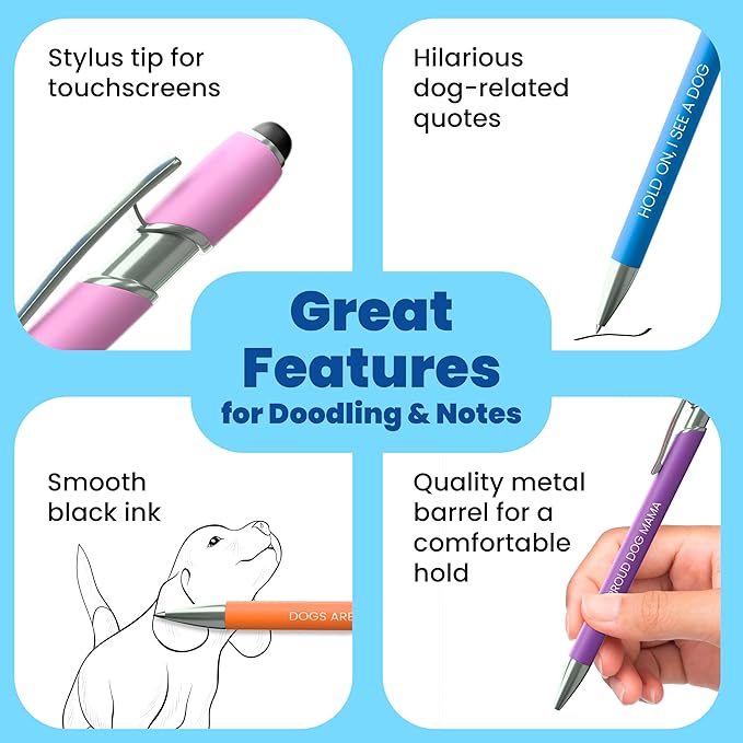 rubyloo Funny Dog Mom Gift Pen Set – 5 Black Ink Ballpoint Pens with Stylus Tips & Durable Metal Barrels with Hilarious Doggy Quotes – Cute Dog Mom Gift for Women for Mother's Day or Birthday Present