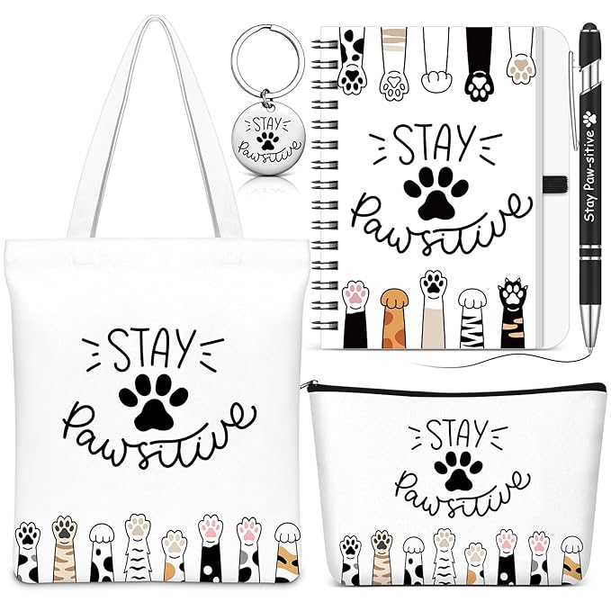 Talltalk 5pcs Valentines Positive Gift for Cat Lover Pawsitive Tote Bag Paw Print Makeup Bag Stainless Steel Keychain Motivational Quote Notebook Pen Pawsitive Pet Themed Gift for Women