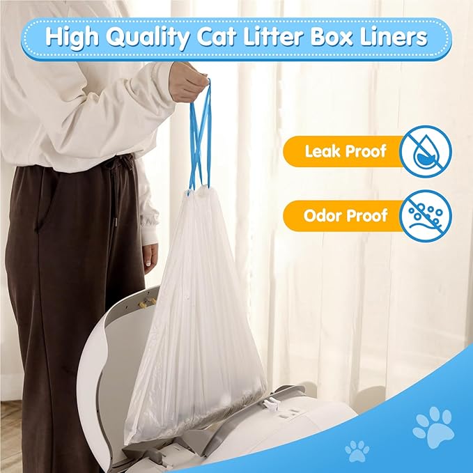 Self Cleaning Cat Litter Box Liner - 60 Counts, Drawstring Cat Litter Waste Container Bags for Self-Cleaning Litter Boxes, Durable, Tear-Resistant, Liquid-Tight