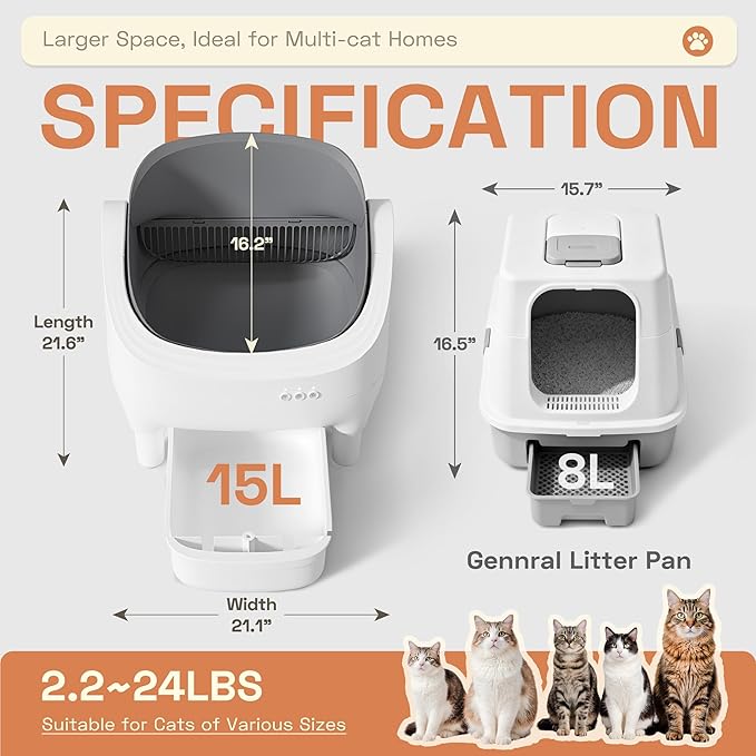 WARCAT Litter Box – Electric Automatic Self-Cleaning, Open-Top Design, Smart APP Control, 15L Large Waste Bin, Easy Odor Control, Includes Trash Bags & Mat (Grey)