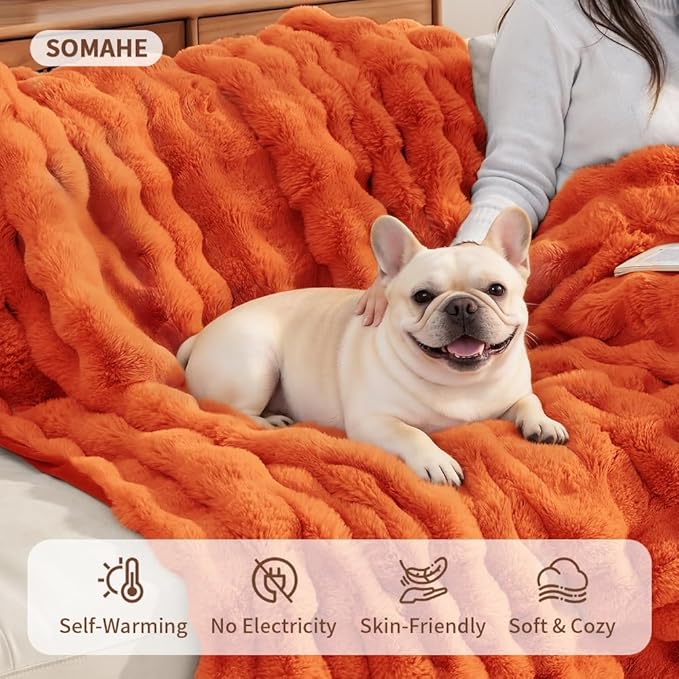 SOMAHE Self-Warming Cat Blanket for Indoor Cats & Small Dogs, Dual-Side Sherpa Plush Throw, Anti-Static Shared Couch Mat for Crate & Travel, Machine Washable No Shrink, 28x22 Inch Orange