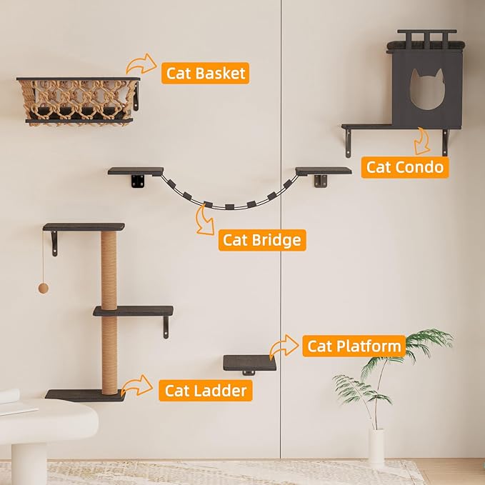 Cat Wall Shelves 5-Piece Set with Hammock, Wall-Mounted Cat Furniture Includes Cat Bridge, Condo, Ladder, Steps for Indoor Cats, Large Cats(Dark Gray)