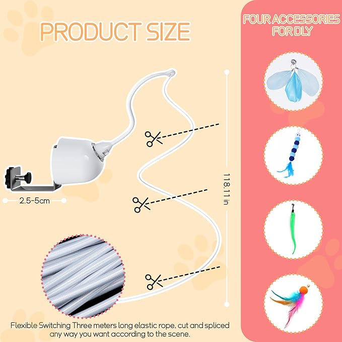 Automatic Door Hanging Cat Toy - Rechargeable Electric Feather Teaser Remote Control, 4 Replaceable Feathers, Interactive Exercise Toy for Indoor Cats & Kittens (White)