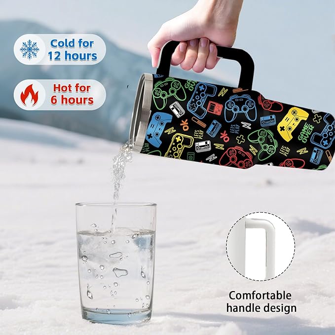 Gifts for Gamer - 40oz Game Tumbler with Straw and Handle, Leak-proof, Stainless Steel Insulated Tumblers, Travel Coffee Mug for Games Lovers Boys, Video Games Enthusiasts Gift Cup for Girls