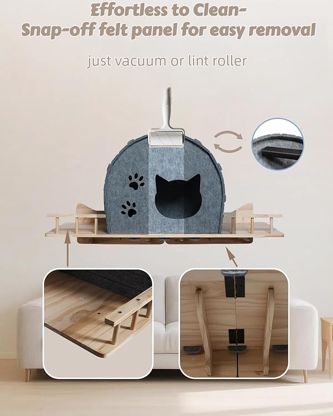 Wall Mounted Cat Shelf Bed – Large Felt Cat Furniture with Dual Entrances & Solid Wood Base, Floating Perch for Indoor Cats, Wall Shelves & Modern Furniture,Gray