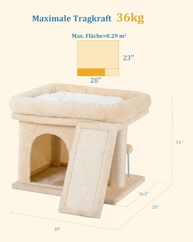 Aechonow Small Cat Tree Tower for Large Cat, Cat Bed House with Large Perch for Adult Cats, 20 * 16.5 Inch Big Platform for Indoor with Super Cozy Soft Mat, Large Cat Condo with Scratching Post, Beige