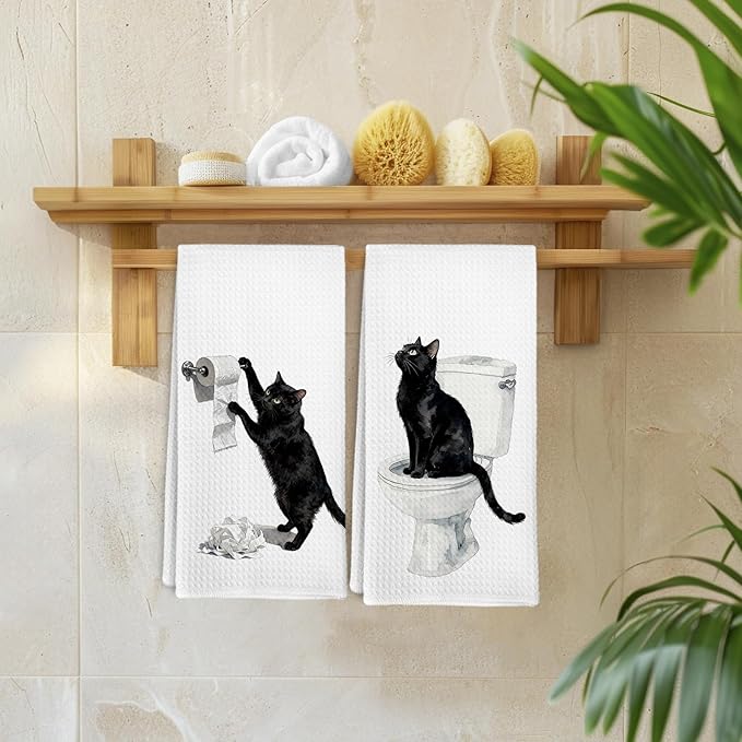 Funny Black Cat Hand Towels Gifts for Women Men, Black Cat Themed Decorative Hand Towels Set of 2, Cute Cats Dish Tea Towels for Kitchen Bathroom Washroom Toilet Decor Decorations, 16x24 Inch