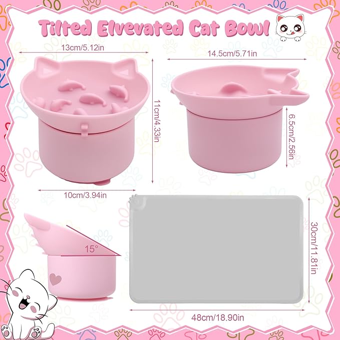 2 Pack Pink, Blue Slow Feeder for Cat Bowls, Silicone Tilted Raised Pet Bowl with Non Slip Base for Digestion Anti Vomit