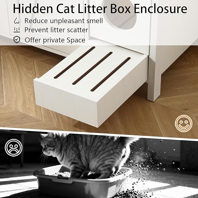 Large Litter Box Enclosure with Cat-Exclusive Dog-Proof Entrance, Litter Cabinet with Power Outlet and Litter Collector, for Placing Cat Robot 3/4 (Antique White)