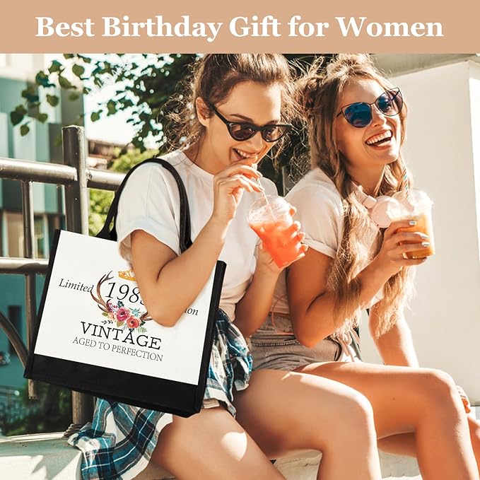 GevGuxLuo 40th Birthday Gifts for Women Canvas Tote Bag, 40 Years Old Birthday Gifts for Mom Wife Aunt Friends Her,Turning 40 Beach Bag Reusable Grocery Bag 1985 Women Tote Bag