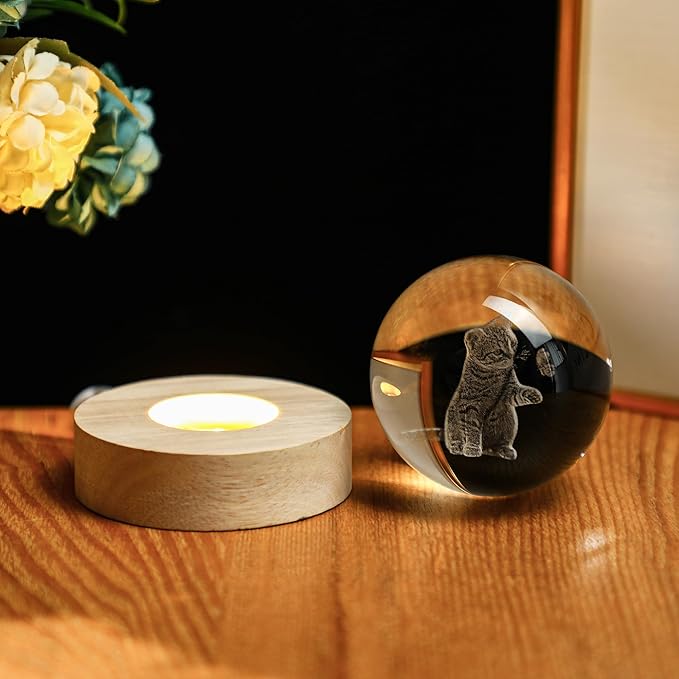 2.3in Crystal Ball for Cat Lovers 3D Glass Engraved Cat Decorative Night Light with Wooden Light Base for Birthday Wedding Housewarming
