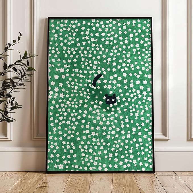 Black Cat Canvas Wall Art, Cute Cat In Daisies Meadow Aesthetic Poster, Adorable Animal Picture Rich Green Print Painting for Bedroom, Nursery Wall Decor Pet Lover Gift 12x16in Framed