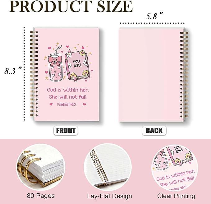 Bible Journal Spiral Notebook, Coquette Preppy Bible Study Supplies, Christian Gifts for Women Girls, 5.5x8.3 Inch - A06