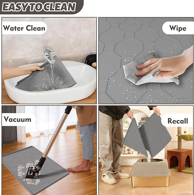 Extra-Large Cat Litter Mat, 38“ x 26” Soft Silicone Cat Litter Trapping Mat for Cat Paws, Waterproof and Non-Slip, Urine-Resistant & Easy to Clean (Gray)