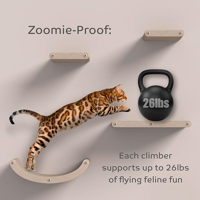 Wall Mounted Cat Hammock Bed by Pryde Pets - Floating Perch Curved Shelf, 100% Sustainable PET Felt Feline Enrichment Climber Furniture for Indoor Cats, Modern Climbing Gym Jungle Design (Oatmeal)