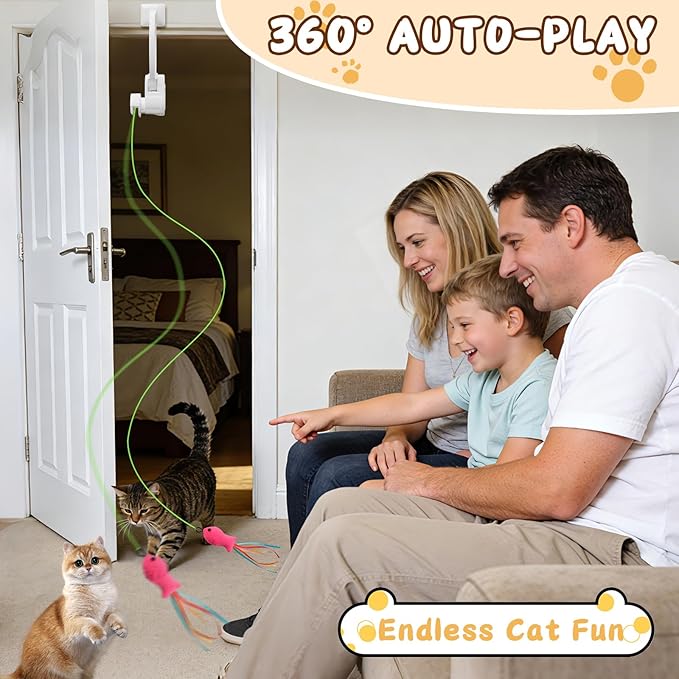 Automatic Cat Toy for Indoor Cats, Interactive Door Hanging Cat Toy with Smart Touch Restart, USB Rechargeable Cat Teaser with Elastic Rope, Adjustable Height Cat Toy for Kittens & Adult Cats (White)
