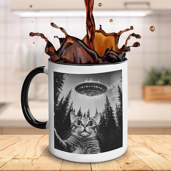 Funny Cat Selfie With UFO Alien Coffee Mug - Gifts for Cat Lovers, Mom, Dad, Owner, Lady - Birthday, Halloween, Christmas - Humor Sarcastic 11OZ Mug