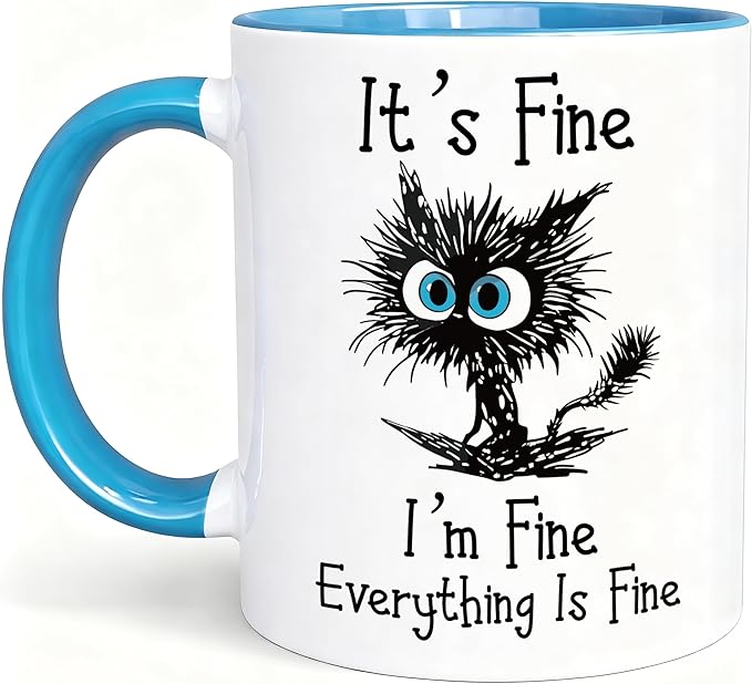 𝗙𝗨𝗡𝗡𝗬 𝗖𝗔𝗧 𝗖𝗢𝗙𝗙𝗘𝗘 𝗠𝗨𝗚 — “Everything Is Fine” Black Cat Mug, 11oz Sarcastic Funny Coffee Mug for Cat Lovers, Women, Coworkers – Microwave & Dishwasher Safe