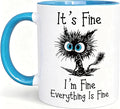 𝗙𝗨𝗡𝗡𝗬 𝗖𝗔𝗧 𝗖𝗢𝗙𝗙𝗘𝗘 𝗠𝗨𝗚 — “Everything Is Fine” Black Cat Mug, 11oz Sarcastic Funny Coffee Mug for Cat Lovers, Women, Coworkers – Microwave & Dishwasher Safe