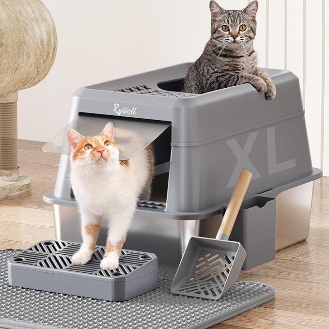 Rywell Stainless Steel Litter Box with Lid XL,120° Flip Cover Stainless Steel Litter Box with Litter Scoop and Litter Mat, Odor Control,Anti-Leakage, Non-Stick, Easy to Clean