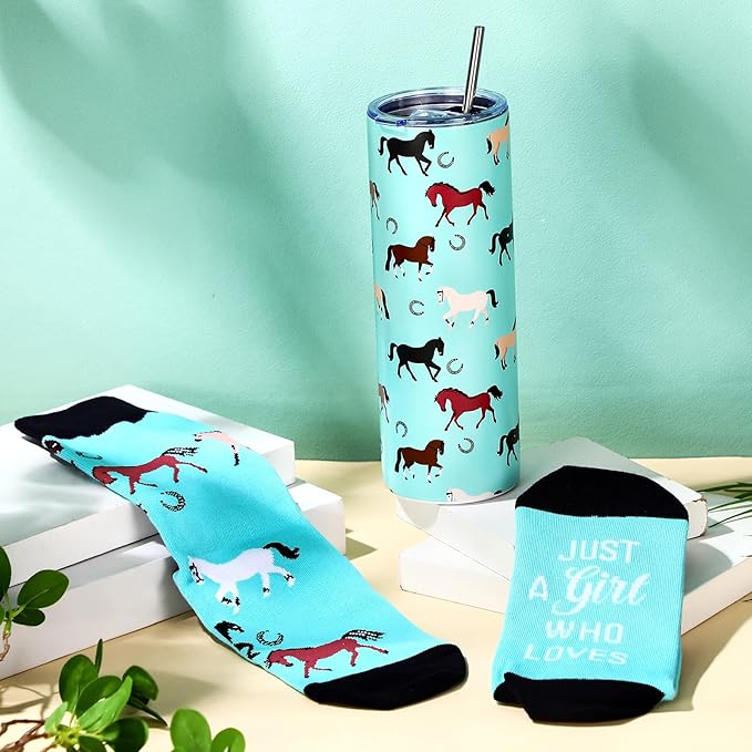 Funnymoom 2 Pack Horse Gifts Set Skinny Tumbler 20 oz Travel Coffee Mug Novelty Cute Animals Socks, Cute Horse Themed for Birthday Christmas Farm Gifts
