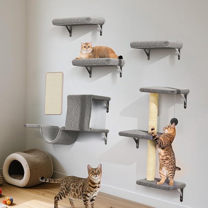 Cat Wall Shelves for Large Cats, Stable & Safe Kitty Walls Furniture Set for 40LBS Cats with Wooden Cat Climber,House, Bridge, Tree, Steps, and Scratcher for 16 Inch Drywall (Grey, 5-in-1)