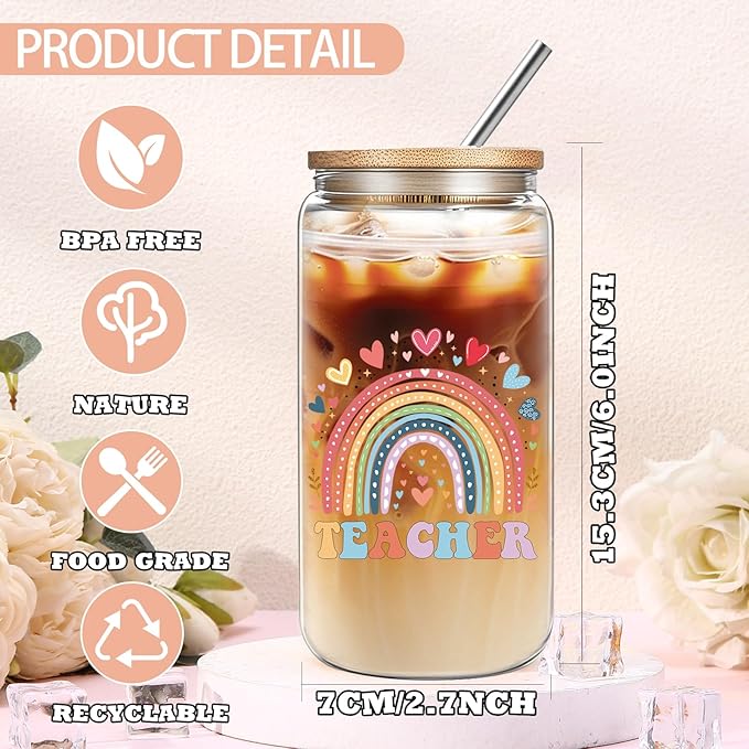 Teacher Birthday Gifts for Women, Teacher Appreciation Gifts, Thank You Christmas Retirement Gifts Set with 16 oz Glass Cup Necklace