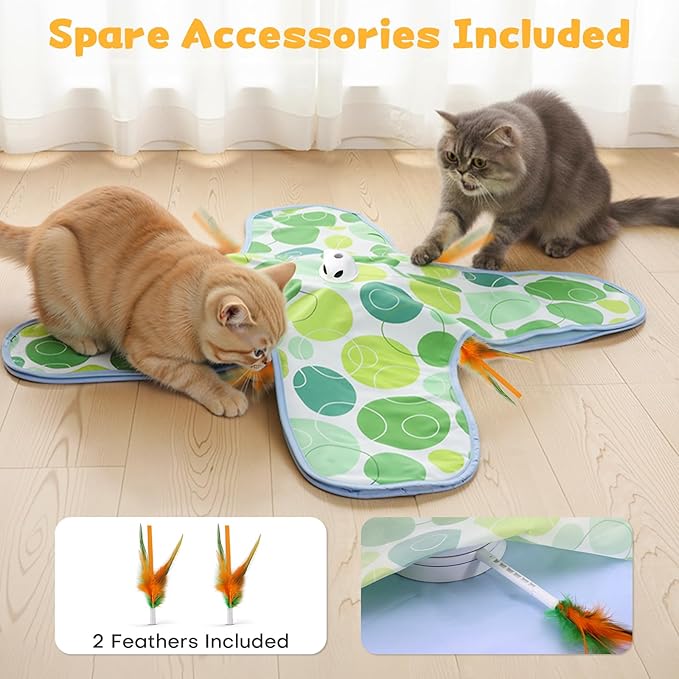 Interactive Cat Toys, Hide and Seek Cat Toy, 2 in 1 Automatic Moving Concealed Feathers for Indoor Cats, Non-Slip Suction, Touch Activated, USB Rechargeable, Green