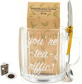 Ribbed Glass Mug Gift Set “You’re Tea‑riffic” Clear Glass Cup with Printed Slogan, Includes English Breakfast Tea & Teaspoon, Gift Boxed — Office Gift, Teacher Gift, Coffee & Tea Lovers