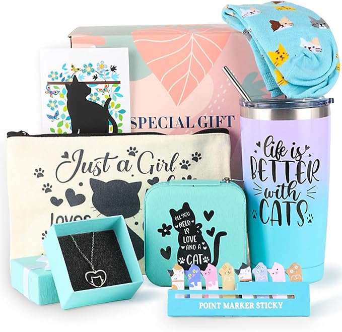 Cat Lover Gifts for Women, Mom Gifts Cat Themed Gift Basket Birthday Teacher Appreciation Valentine's Day Mother's Day Cat Lovers With 20 OZ Tumbler