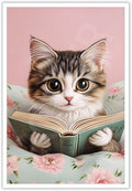 Trendy Cat Reading In Bed Canvas Wall Art Funny Pink Flower Animal Poster Funky Cat Lovers Monet Minimalist Prints Painting For Home Bedroom Kids Room Dorm Wall Decor 24x36in Unframed