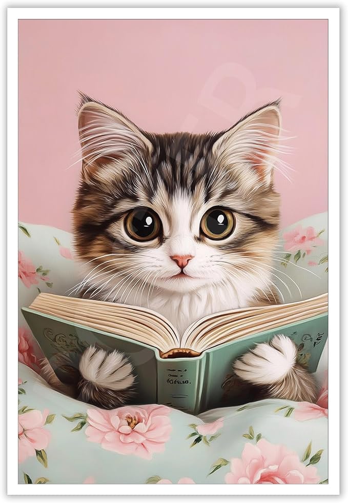 Trendy Cat Reading In Bed Canvas Wall Art Funny Pink Flower Animal Poster Funky Cat Lovers Monet Minimalist Prints Painting For Home Bedroom Kids Room Dorm Wall Decor 24x36in Unframed