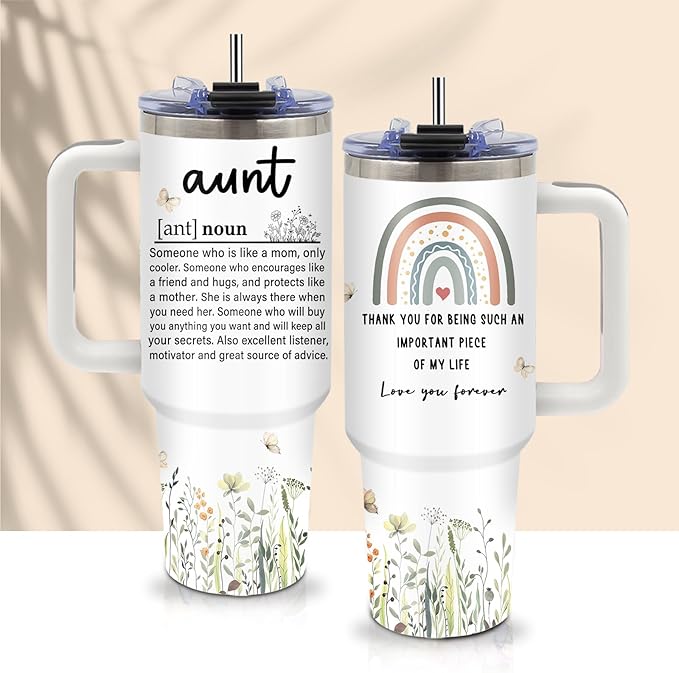 40oz Aunt Tumbler with Lid and Straw, Auntie Cups Travel Mug Butterfly Gifts, Aunt Gifts from Niece Nephew, Auntie Birthday Gift Drinking Coffee Cup