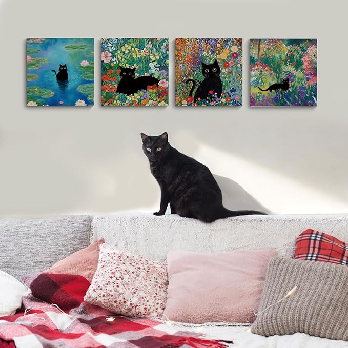 4 PCs Floral Cats Canvas Wall Art Framed Wall Decor, Cat Lover Gifts, Cat Themed Gifts Art Prints Paintings, Aesthetic Pictures Home Decor for College Dorm Bathroom Bedroom Farmhouse