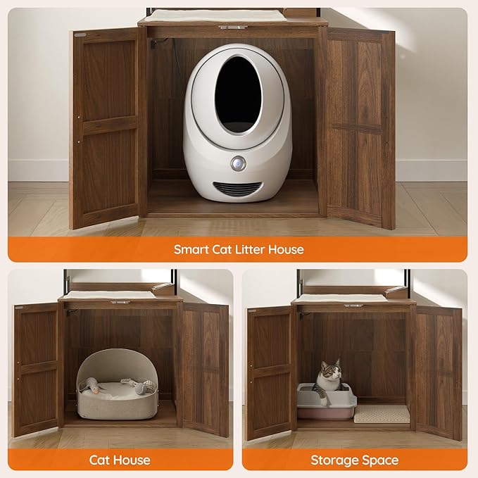 HOOBRO Cat Automatic Litter Box Enclosure Furniture, 30.5" L x 26.8" W x 61" H, Hidden Robotic Litter Box Cabinet, Dog-Proof Shelf with Charging Station, Scratching Mat, Bowls, Walnut WL68UMZ03N1