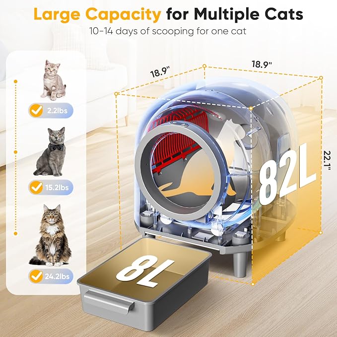 Automatic Self Cleaning Litter Box for Multiple Cats 90L Large Capacity, Smart Automatic Cat Litter Box with App Control, Health Monitoring, Integrated Safety Sensors, Odor Removal, Mat (White)