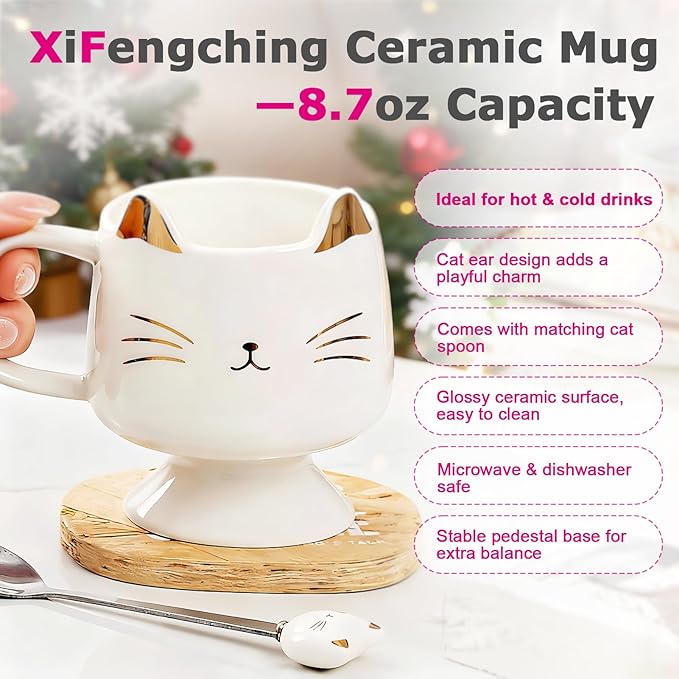 Christmas Mugs High-Footed Ceramic Cat Mug – 13.5oz Unique Coffee Cup with kitty Expression Design, Fun Gift for Women, Girls, Kids, Cat Lovers (white)