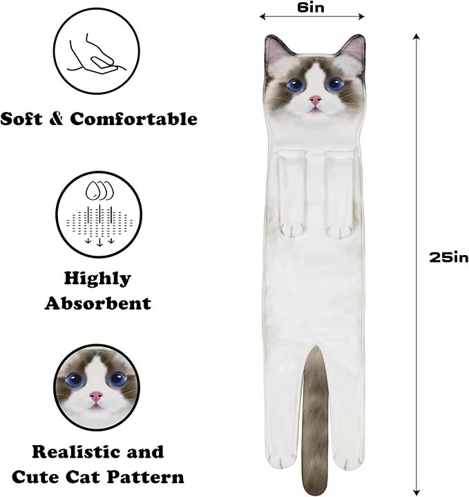 Funny Hand Towels for Bathroom Kitchen Decor - Cute Cat Hanging Hand Towel Kitchen Gadgets - Unique Housewarming Birthday Christmas Cat Lover Gift Ideas for Women Mom Lady Adults